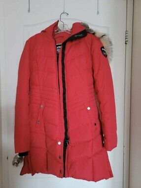 Pajar Red Quilted Long Puffer Coat with Faux Fur Trim